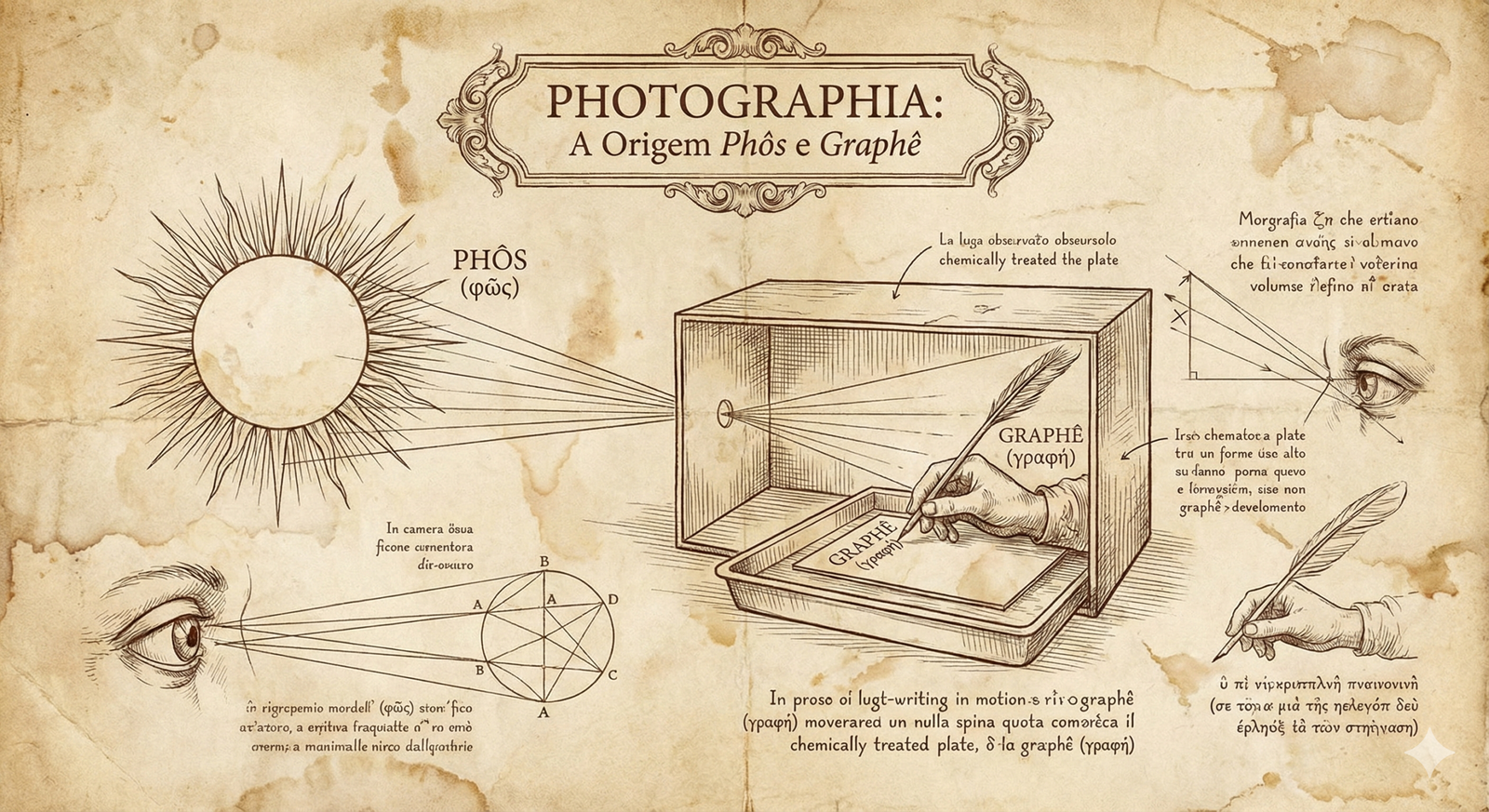 Contando Fotografia - imagem em estilo anotações de Leonardo Da Vinci representando a etimologia da palavra Fotografia